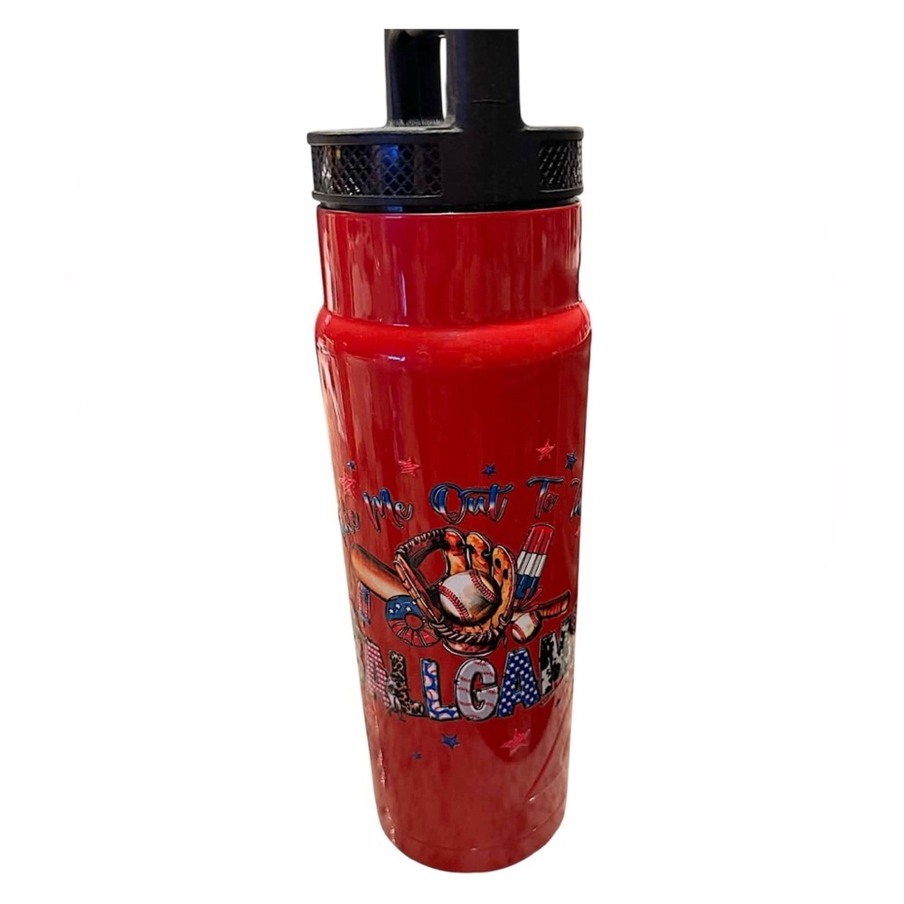 Take me out to the ballgame stainless steel Red Tailgate Themed Water Bottle